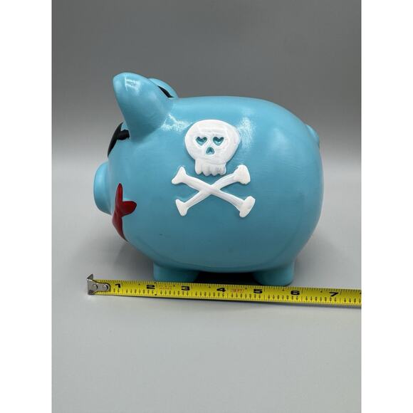 Pirate Pig Skull and Crossbones Piggy Bank Blue Black White Red 6” - Picture 7 of 11